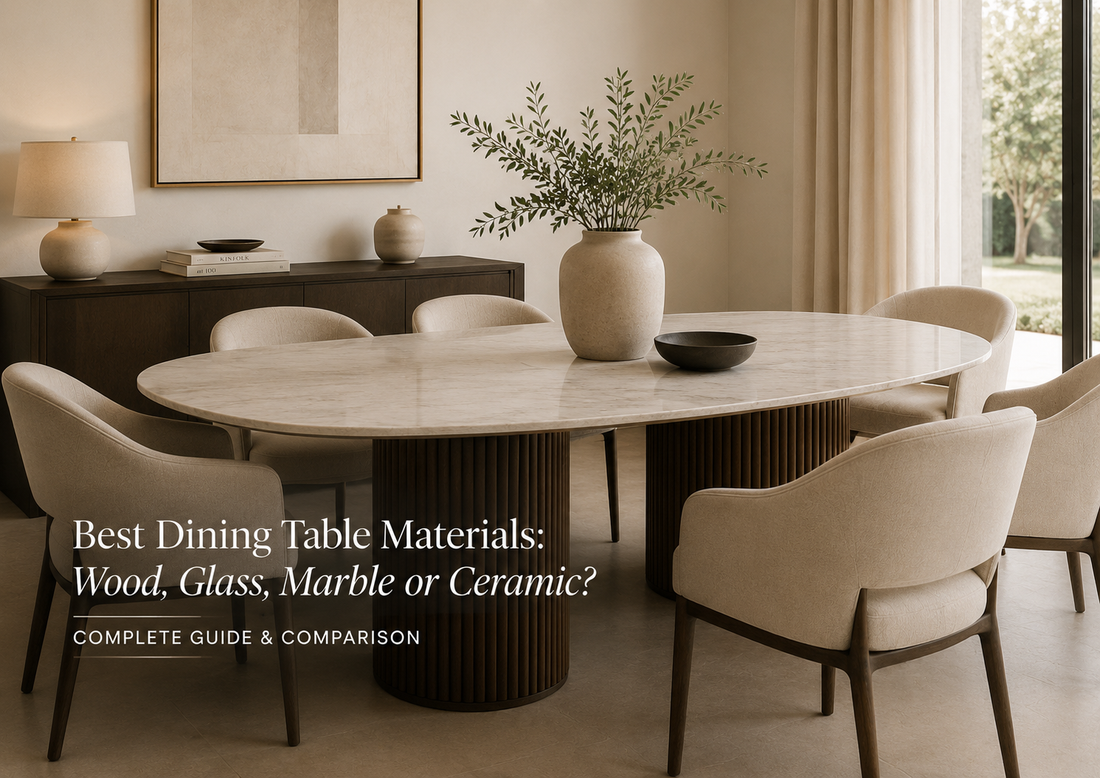 Best dining table materials guide with a styled marble dining table in a neutral dining room