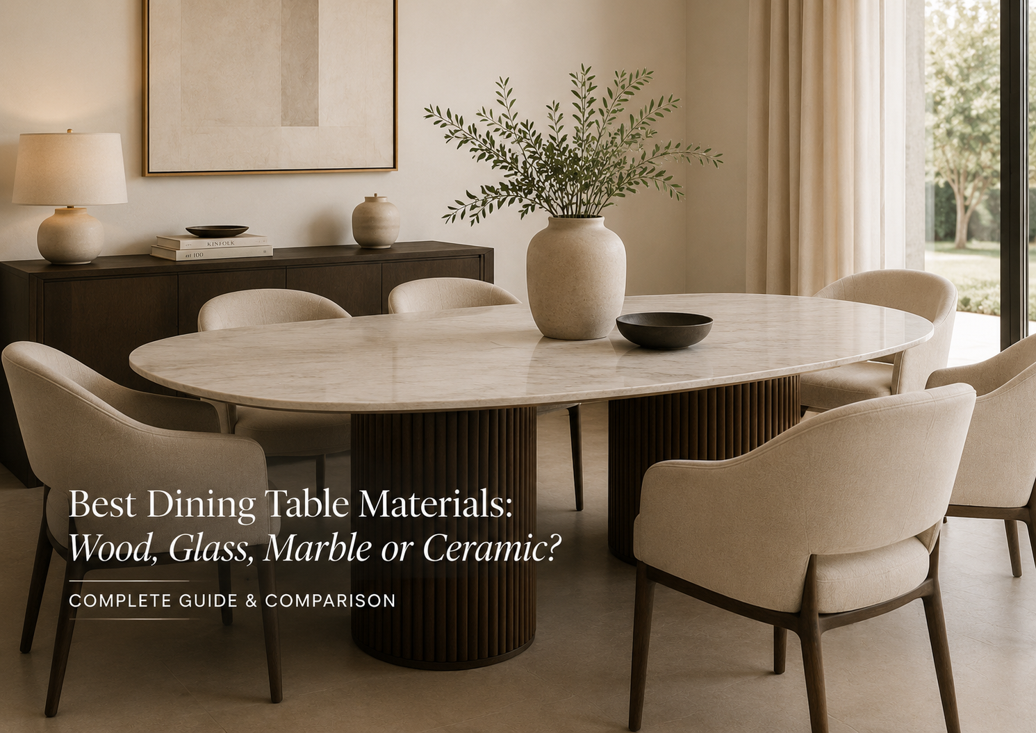 Best dining table materials guide with a styled marble dining table in a neutral dining room