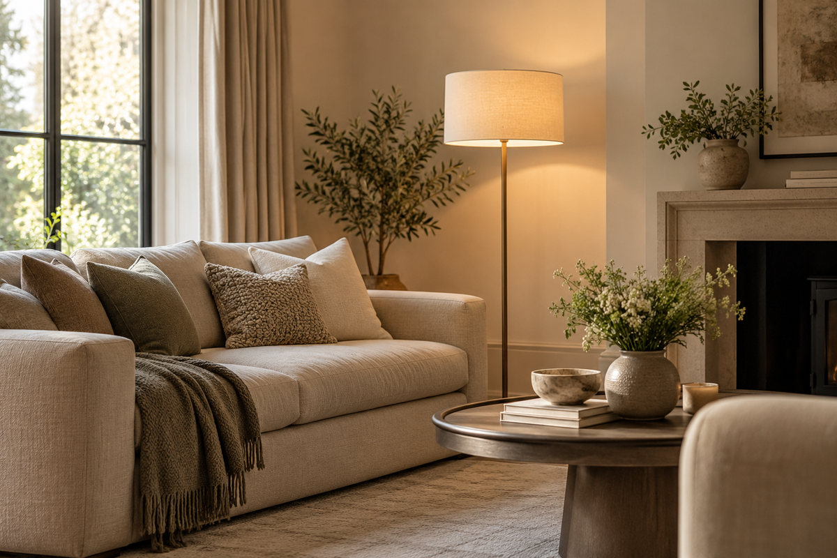 Floor lamp beside a neutral sofa in a warm modern living room