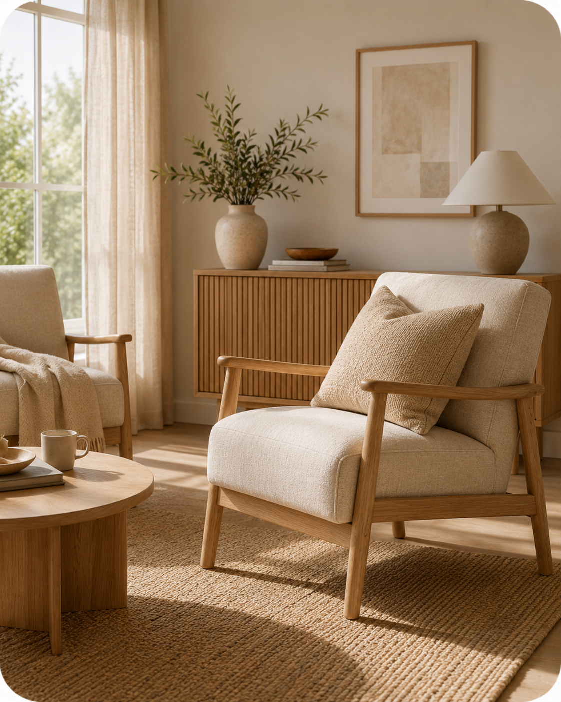 Armchairs collection with neutral upholstered chairs in a warm modern living room