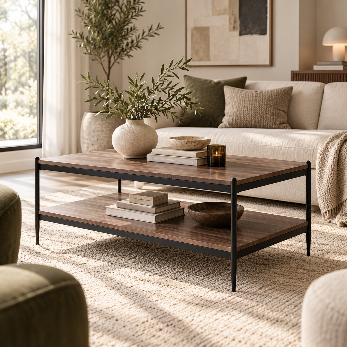 Coffee table styled in a warm modern living room