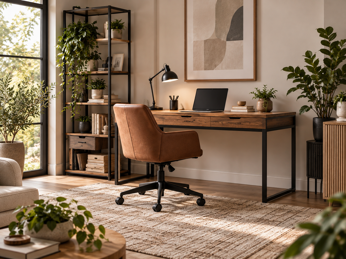 Warm modern home office with desk, chair and shelving