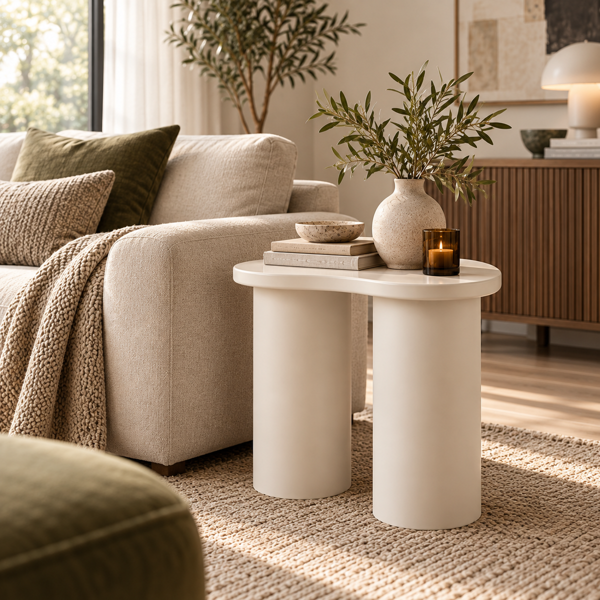 Side table styled beside a sofa in a warm modern living room