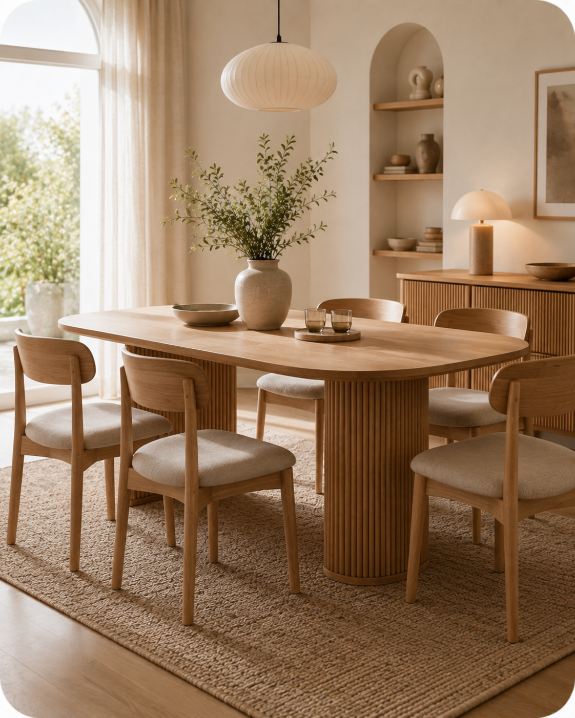 Dining tables collection with a light wood table and chairs in a warm modern dining room