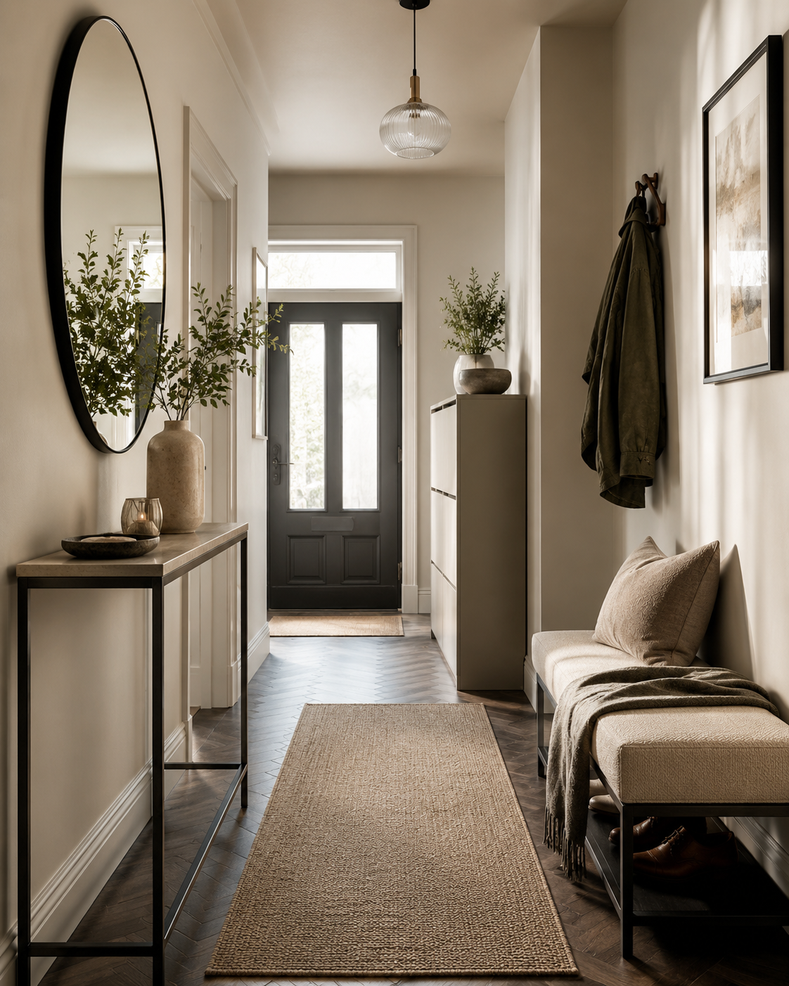 Modern narrow hallway with console table, shoe storage cabinet, bench and mirror