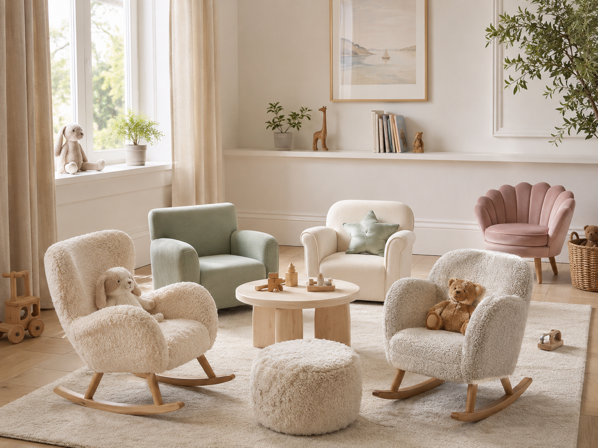 Bright kids room with child-sized armchairs, rocking chairs and soft neutral furniture