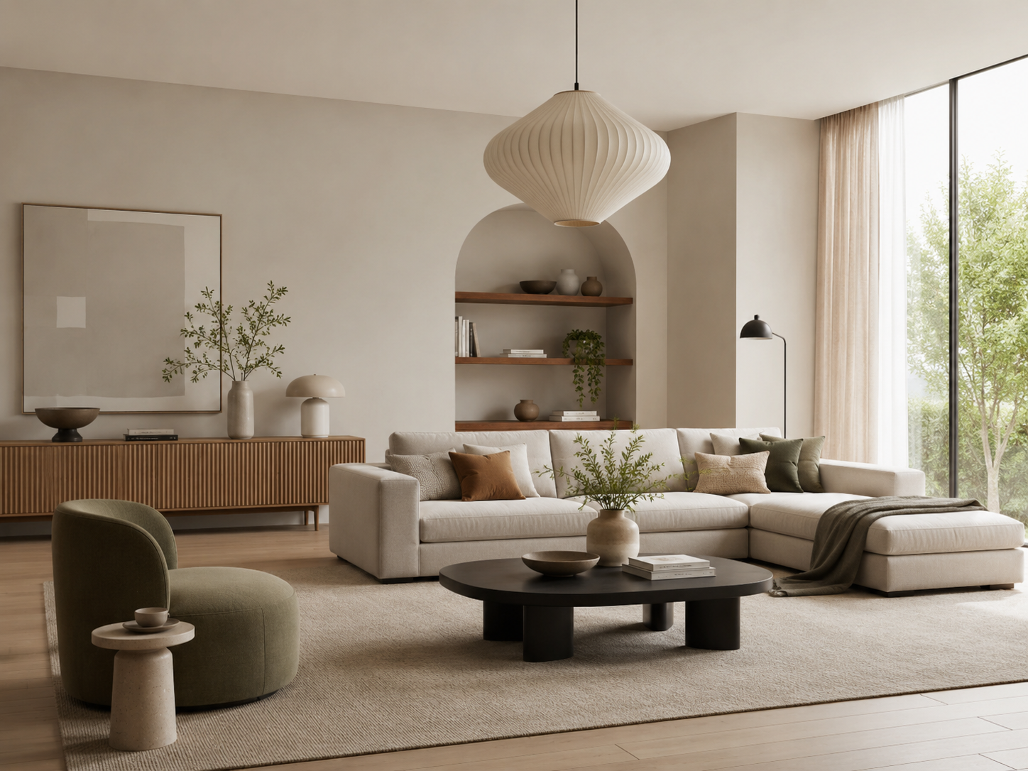 Modern neutral living room with sofa, armchair, coffee table and sideboard