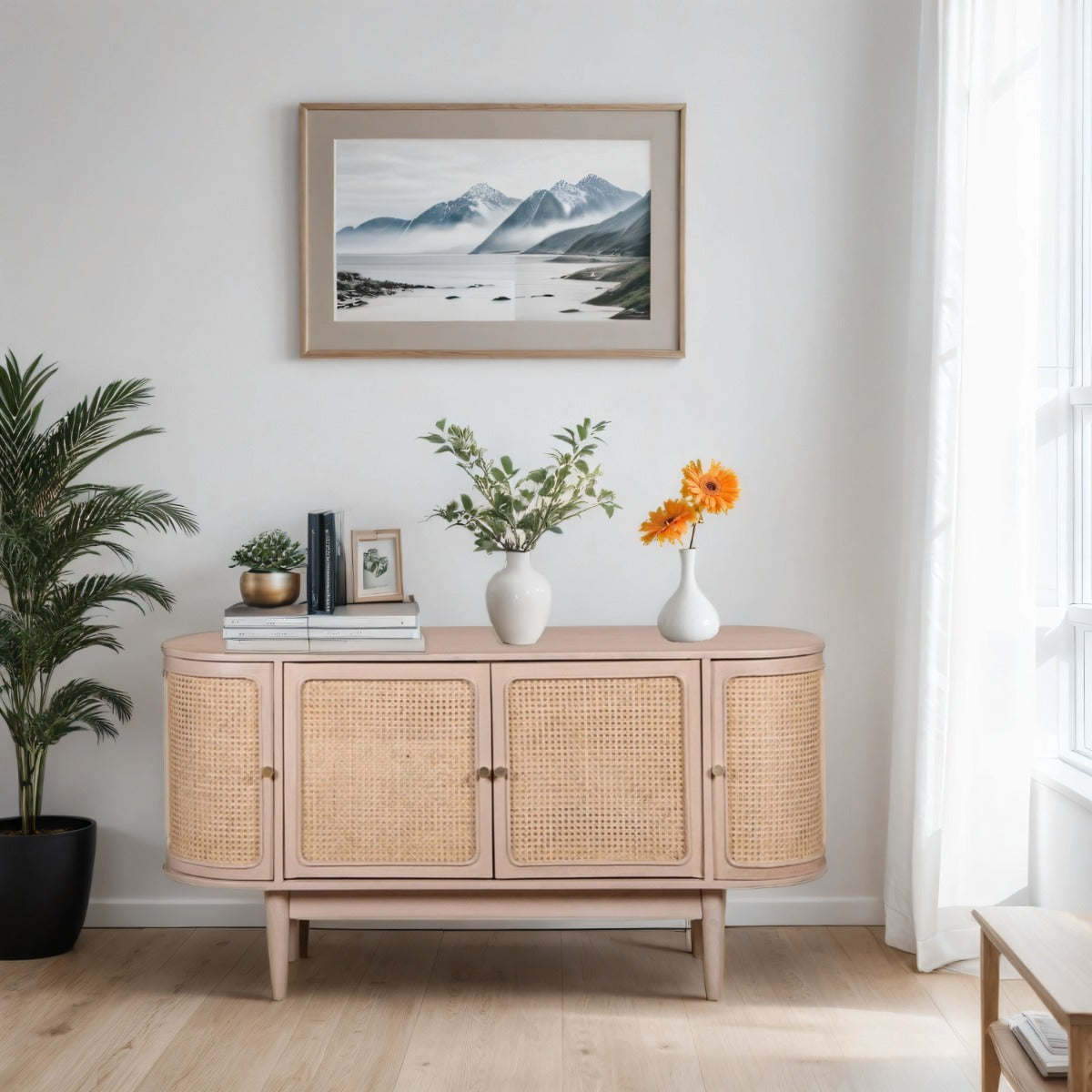 Storage furniture in a warm neutral living space