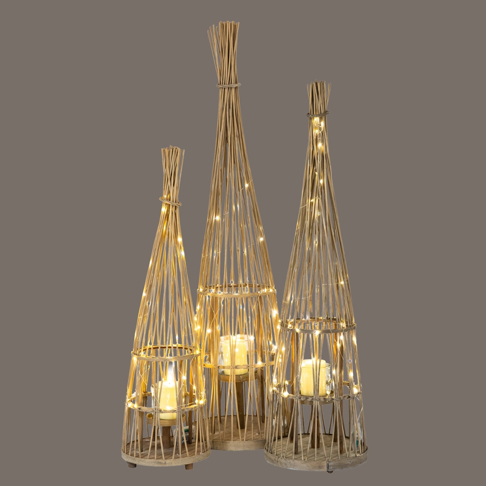 Medium Conical Wicker Lantern With Glass Holder & LED Lights