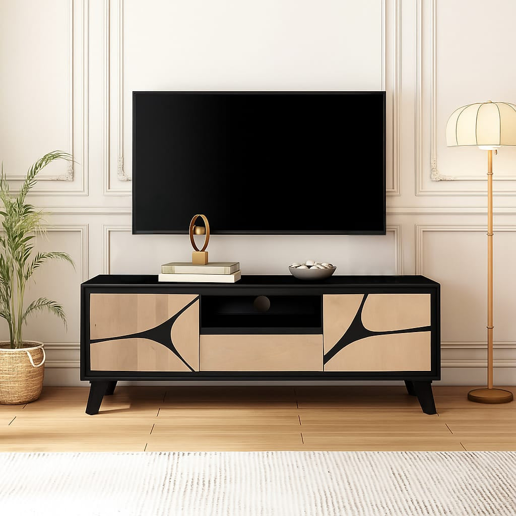 Boho Solid Wood Tv Cabinet With Wooden Legs