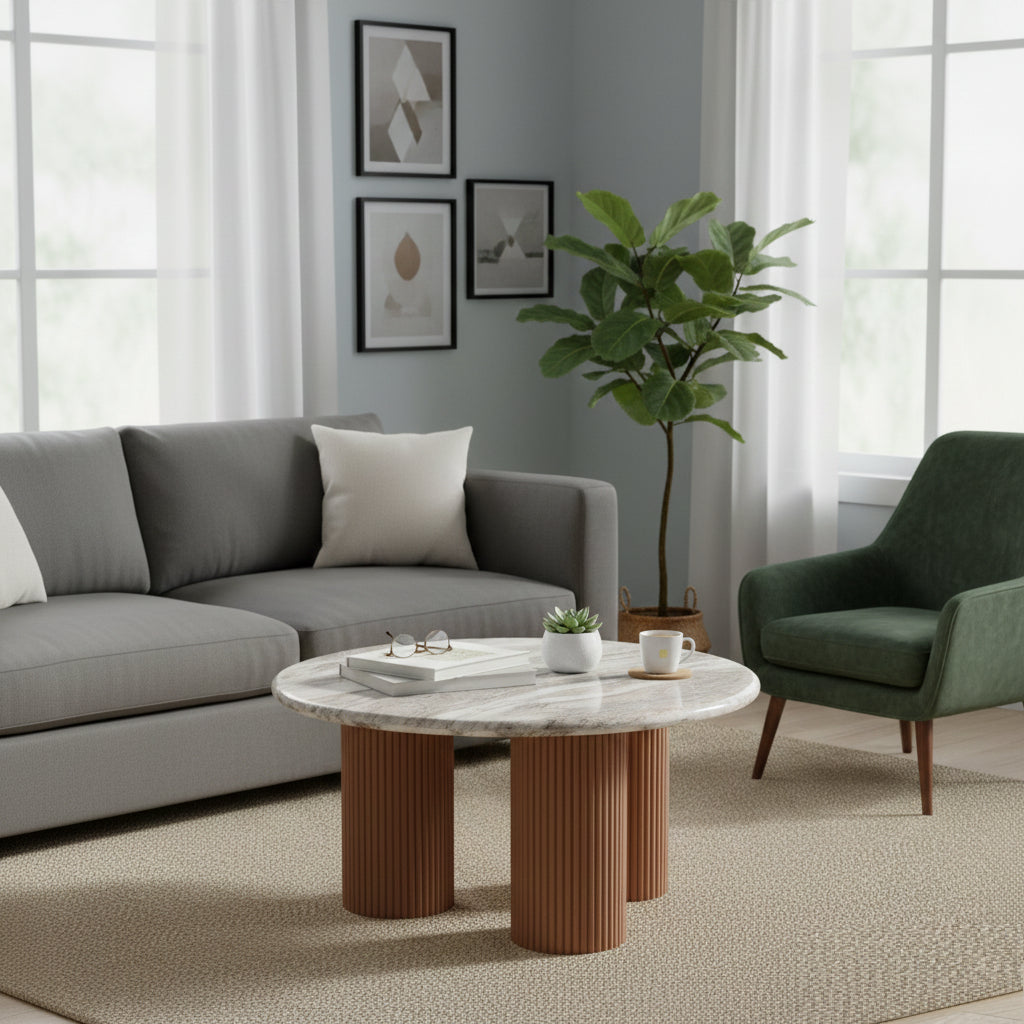 Ashford Round Marble Top with Wood Pedestal Coffee Table
