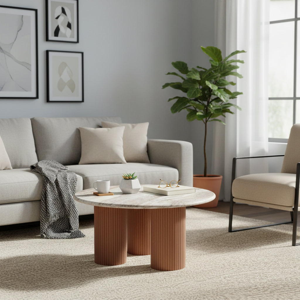 Ashford Round Marble Top with Wood Pedestal Coffee Table