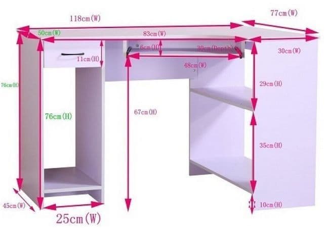 Alex White Corner Desk with Drawer and Shelves — dimensions