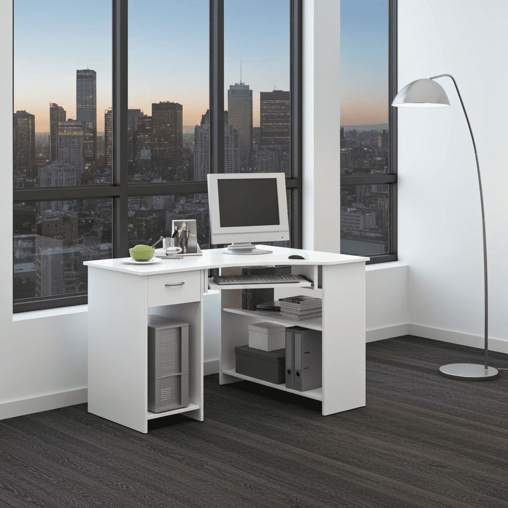 Alex White Corner Desk with Drawer and Shelves — home office lifestyle view