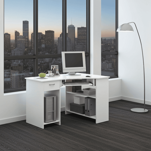 Alex White Corner Desk with Drawer and Shelves — home office lifestyle view