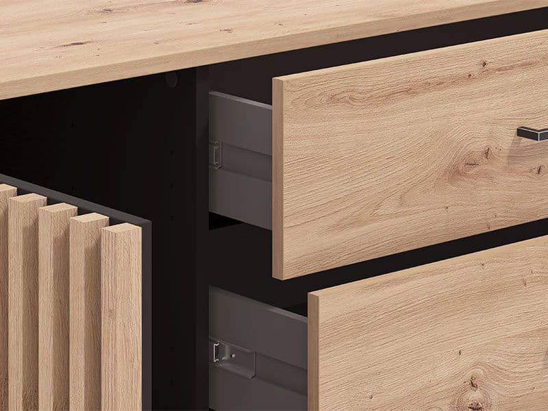 Asmara Oak Effect And Black 4 Drawer Sideboard — angled product view