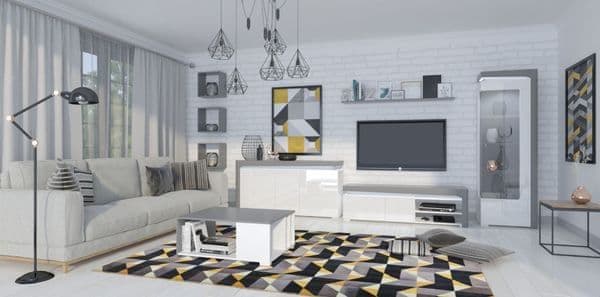 Athens Grey and White Gloss 3 Door Sideboard With Lights — coordinated room setting