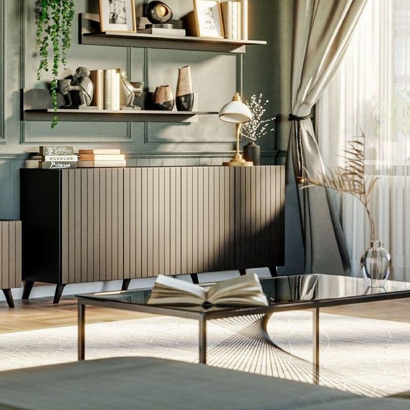 Atlantis Matte Black Wide 4 Door Sideboard — living room lifestyle view