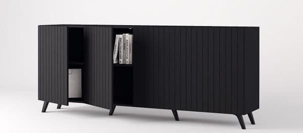 Atlantis Matte Black Wide 4 Door Sideboard — open storage view