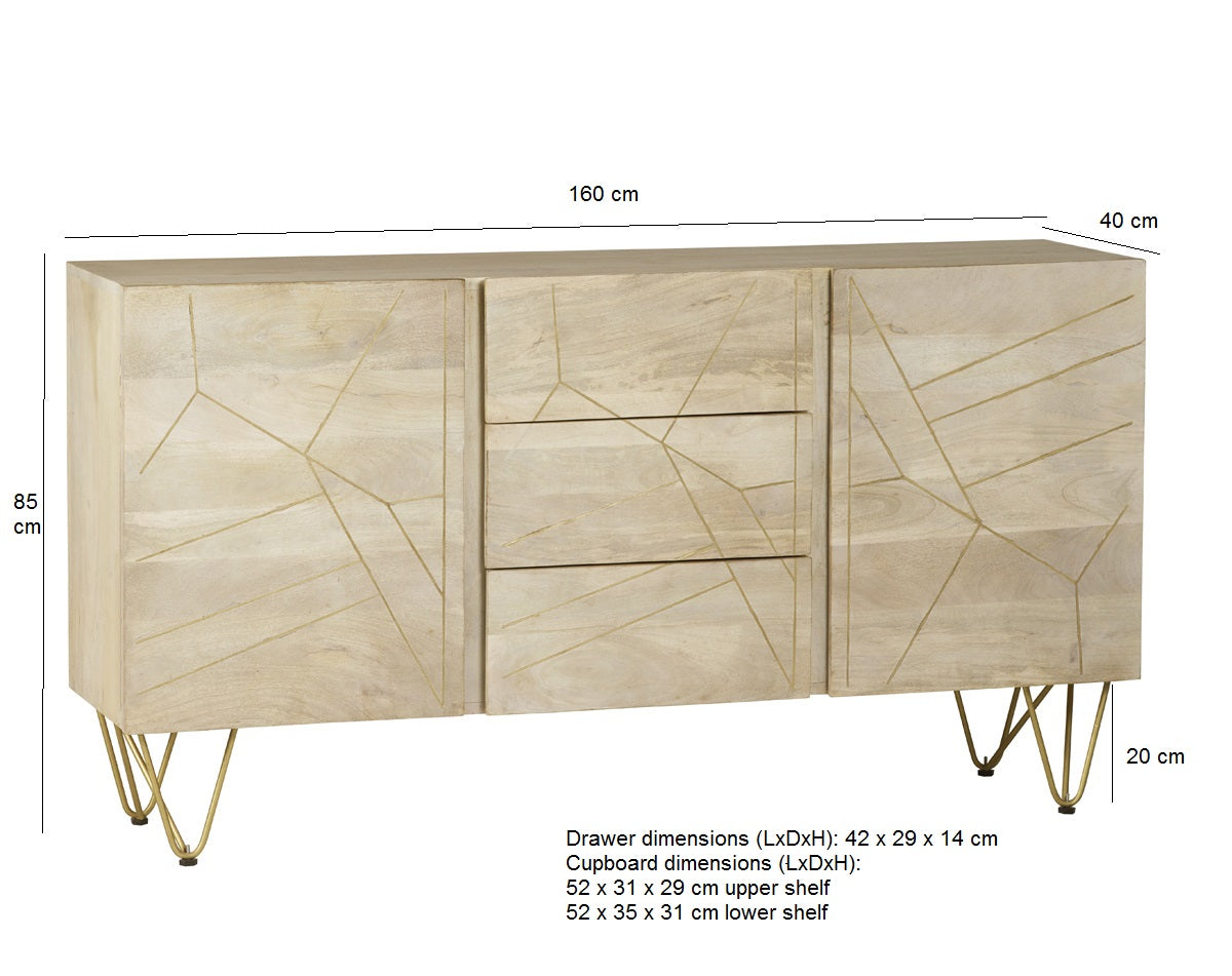 Light Gold Extra Large Sideboard 3 Drawers and 2 Doors — front product view