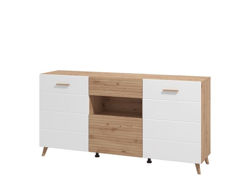 Bretanova Slatted Artisan Oak Effect And White Gloss Sideboard — angled product view