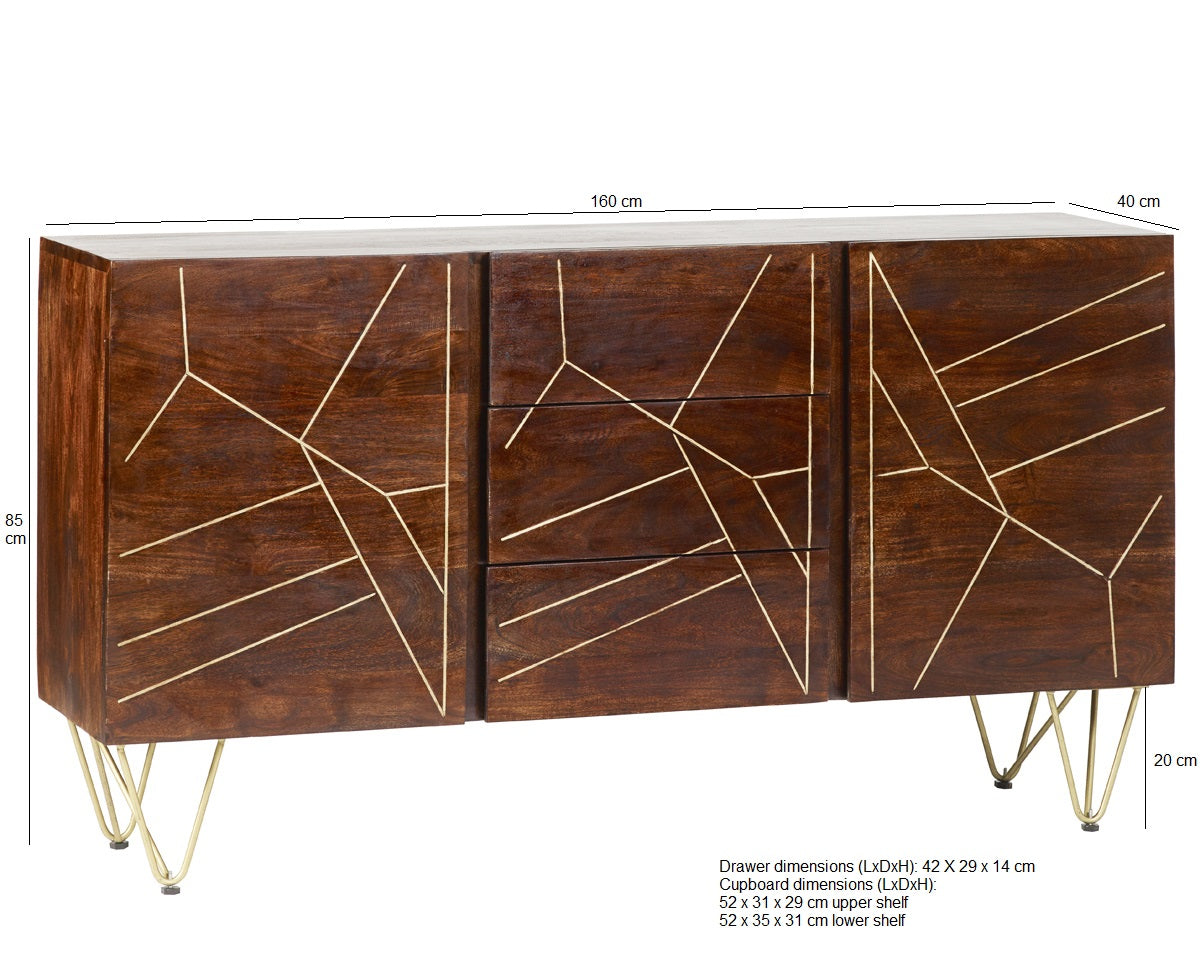 Dark Gold Extra Large Sideboard 3 Drawers and 2 Doors — side product view