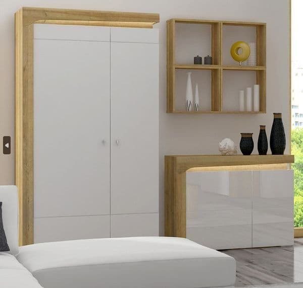 Cadillac Oak Effect And White Gloss 2 Door Wardrobe With LED Lights — main product view