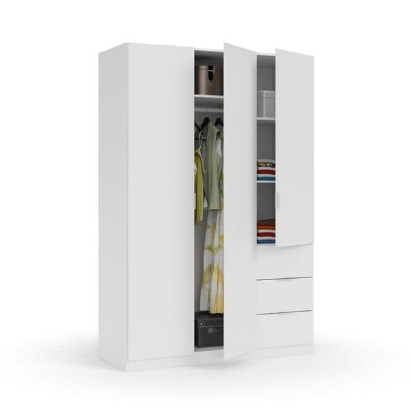 Cairo Arctic White Compact 3 Door 3 Drawer 135cm Wardrobe