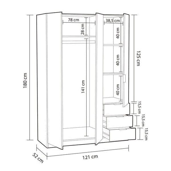 Cairo Oak Effect Compact 3 Door 3 Drawer Space-Saving Wardrobe