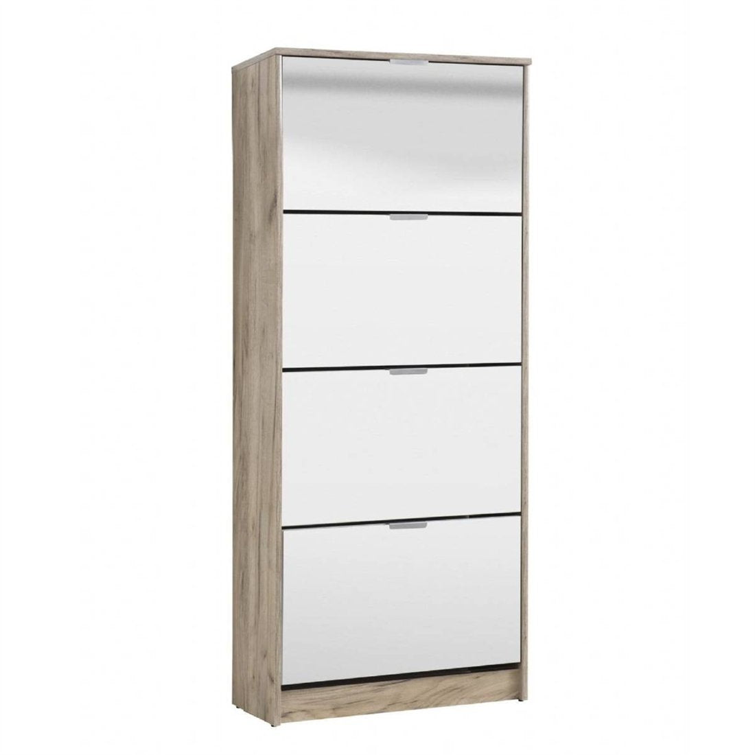 Carrera Mirrored and Oak Effect Tall 4 Drawer Shoe Cabinet — angled product view