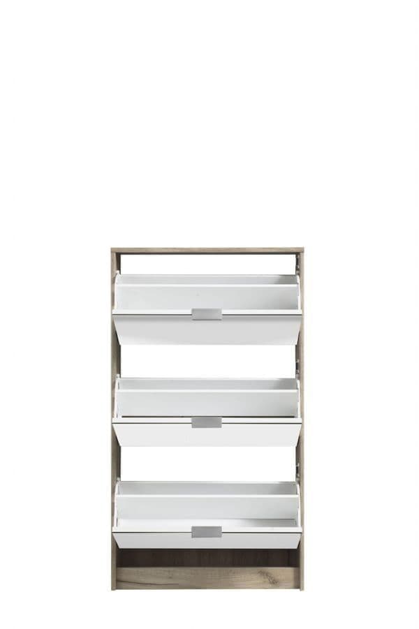 Carrera Mirrored and Oak Effect 3 Drawer Shoe Cabinet — angled product view