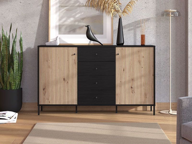 Clifton Slatted Artisan Oak Effect And Black Sideboard — side product view