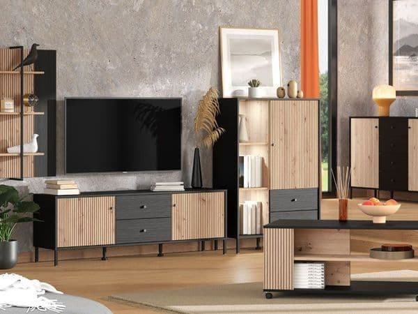 Clifton Slatted Artisan Oak Effect Black Low Display Cabinet