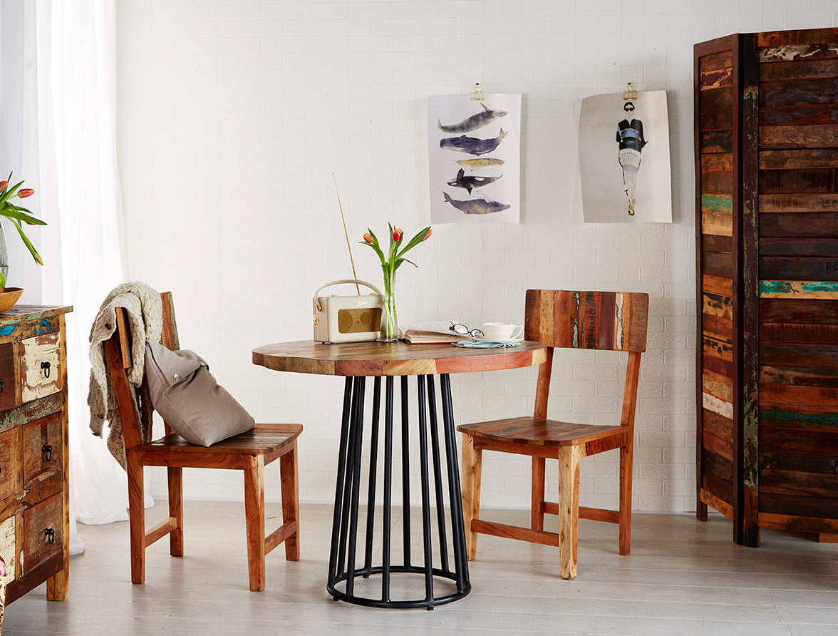 Coastal Round Reclaimed Wood Dining Table — angled product view