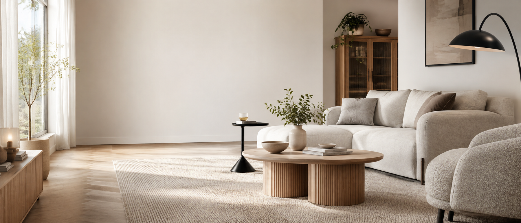Bright modern living room with neutral furniture and warm wood details