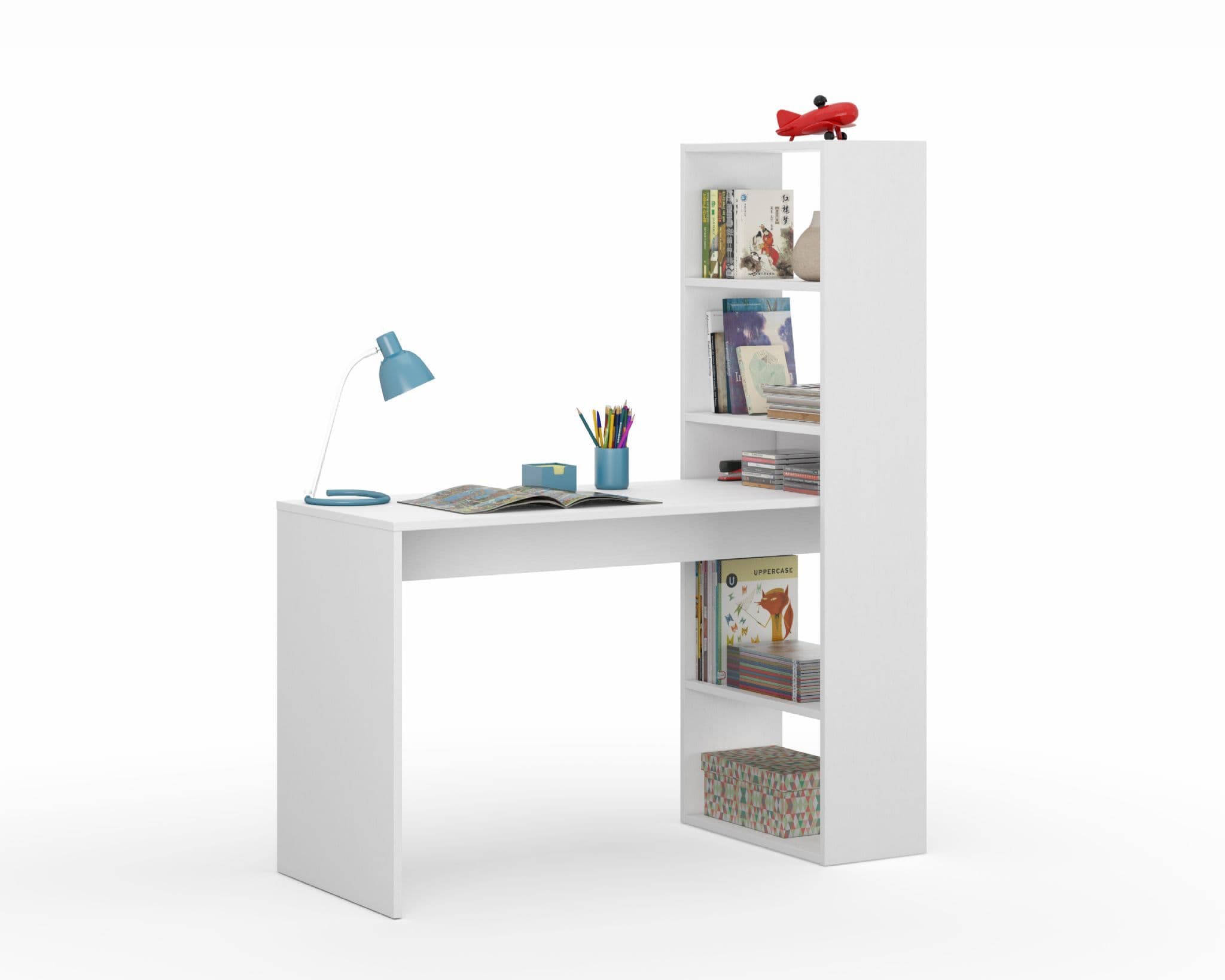 Double Matt White Computer Desk with Bookcase