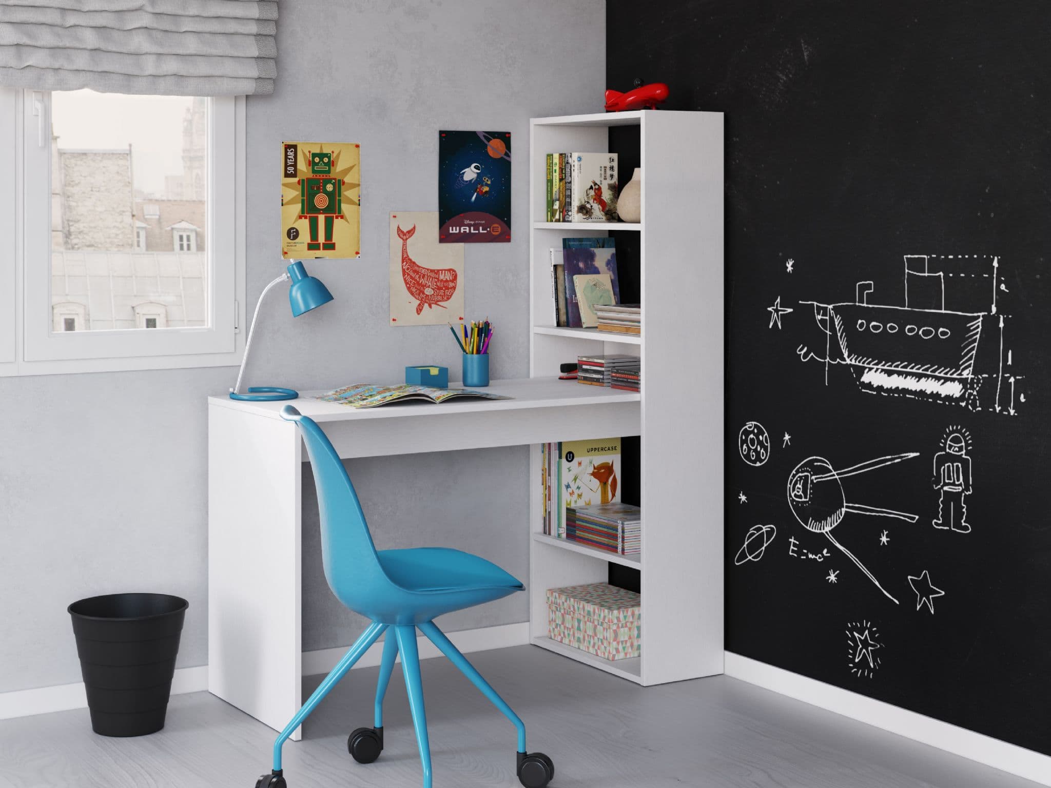 Double Matt White Computer Desk with Bookcase