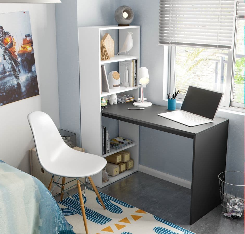 Double White and Grey Effect Computer Desk with Bookcase