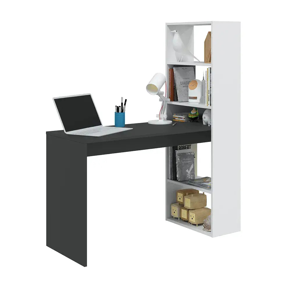 Double White and Grey Effect Computer Desk with Bookcase