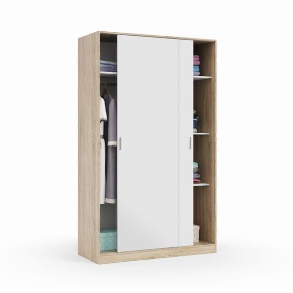 Durham Arctic White and Oak Effect Small Narrow Sliding 2 Door Wardrobe 120cm Wide