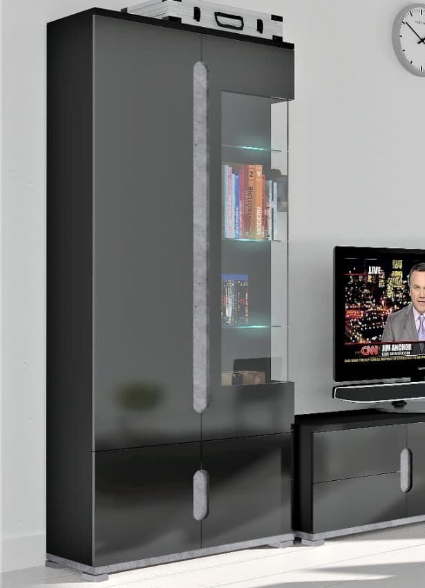 Elise Black High Gloss And Grey 1 Glass Door Display Cabinet — angled product view