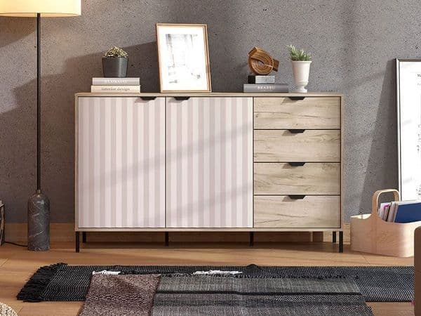 Evandria Grey Oak Effect And Cashmere Slatted Sideboard — side product view
