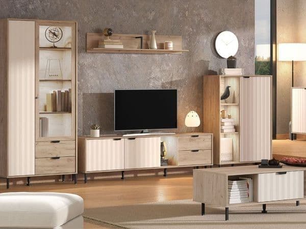 Evandria Grey Oak Effect Cashmere Slatted Short Sideboard — front product view