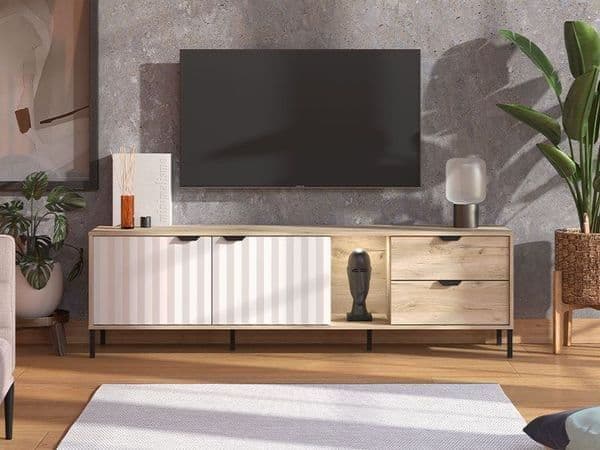 Evandria Vandea Grey Oak Effect Cashmere Slatted TV Unit Cabinet