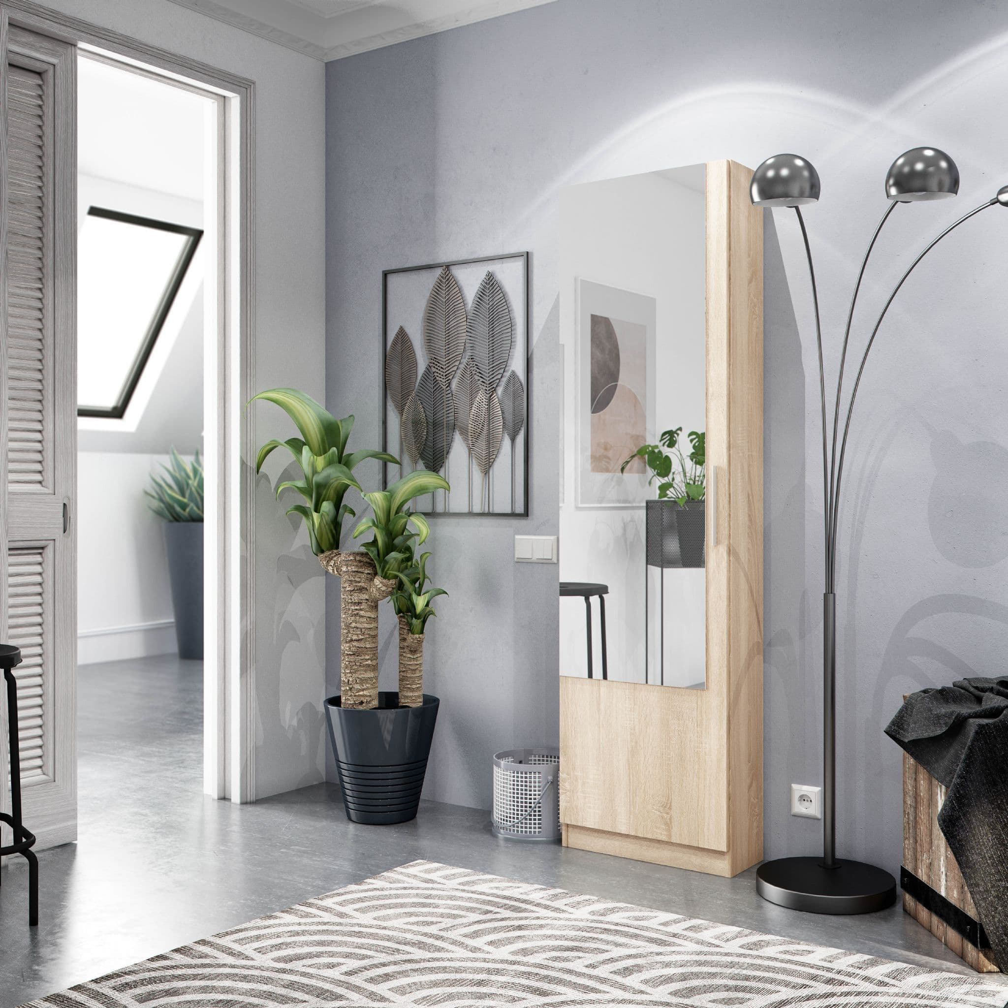 Giovanni Oak Effect Tall Shoe Cabinet 1 Mirrored Door 14-16 Pairs
