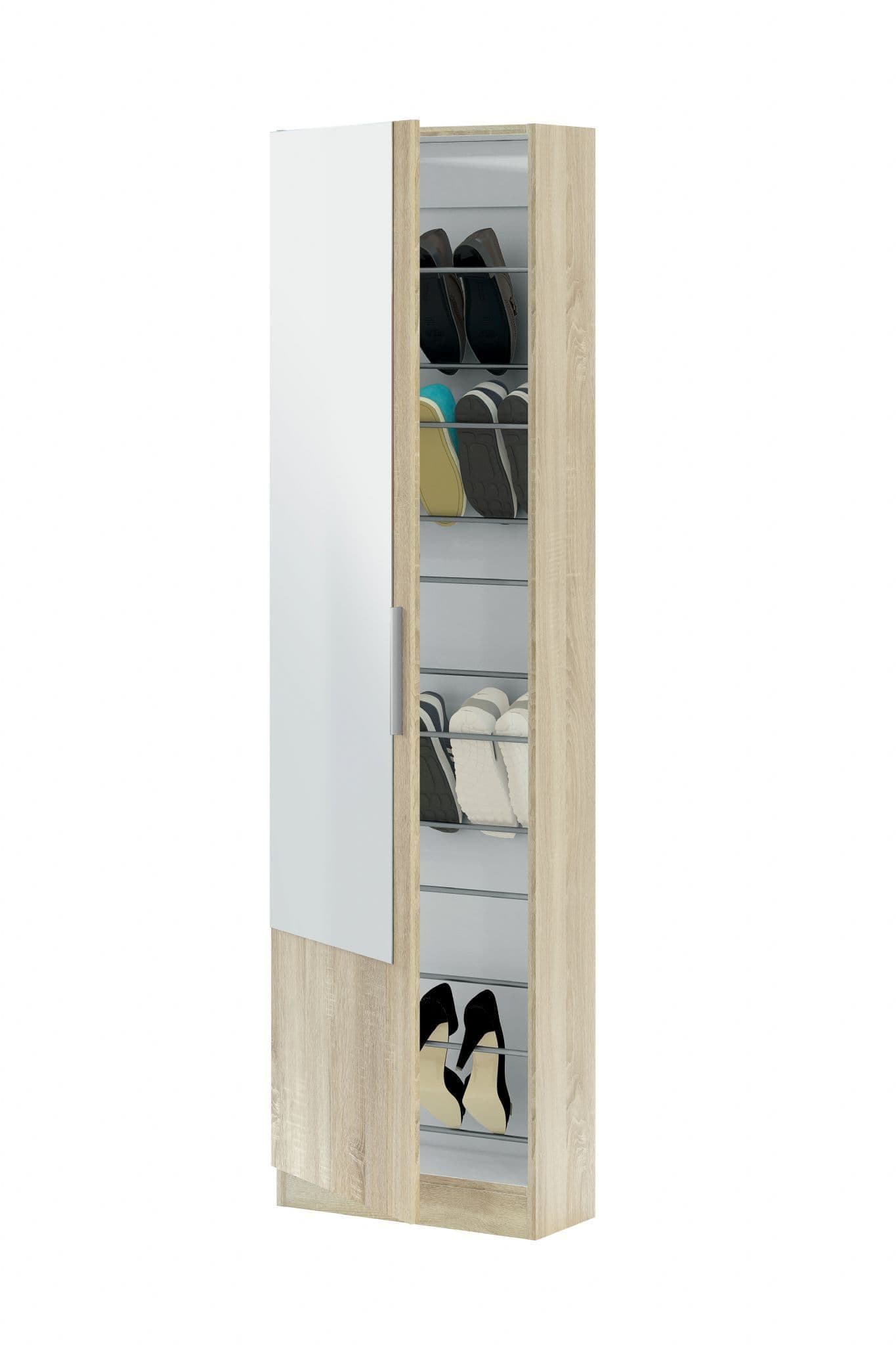 Giovanni Oak Effect Tall Shoe Cabinet 1 Mirrored Door 14-16 Pairs