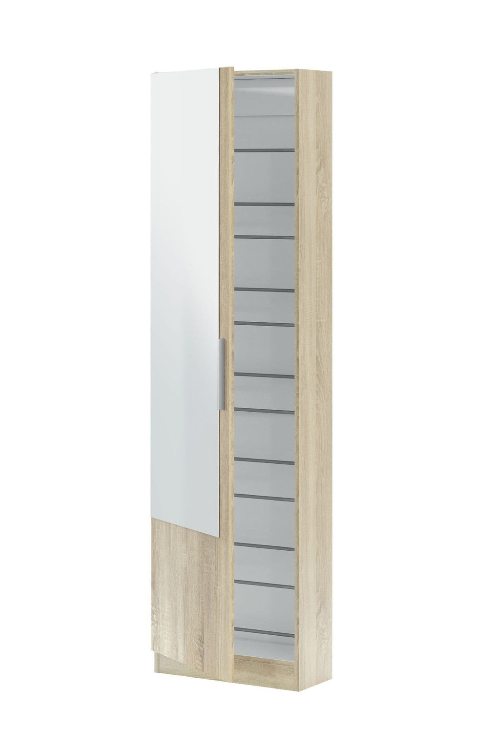 Giovanni Oak Effect Tall Shoe Cabinet 1 Mirrored Door 14-16 Pairs