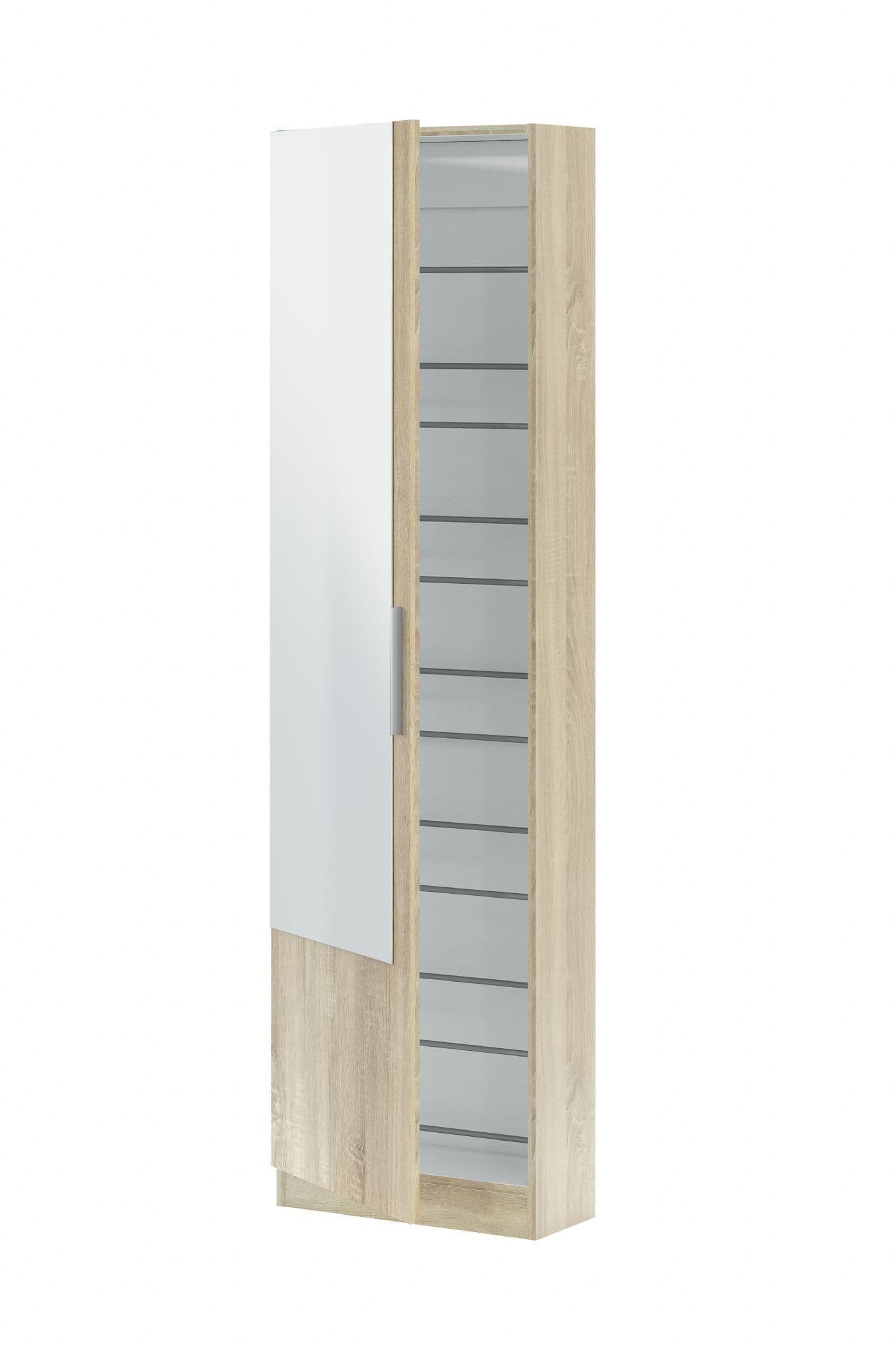 Giovanni Oak Effect Tall Shoe Cabinet 1 Mirrored Door 14-16 Pairs