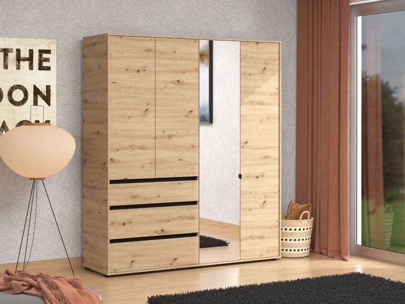 Kyoto Artisan Oak Effect 4 Door 3 Drawer Mirrored Wardrobe — main product view