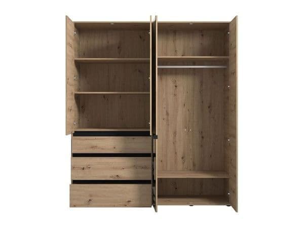 Kyoto Artisan Oak Effect 4 Door 3 Drawer Mirrored Wardrobe — front product view
